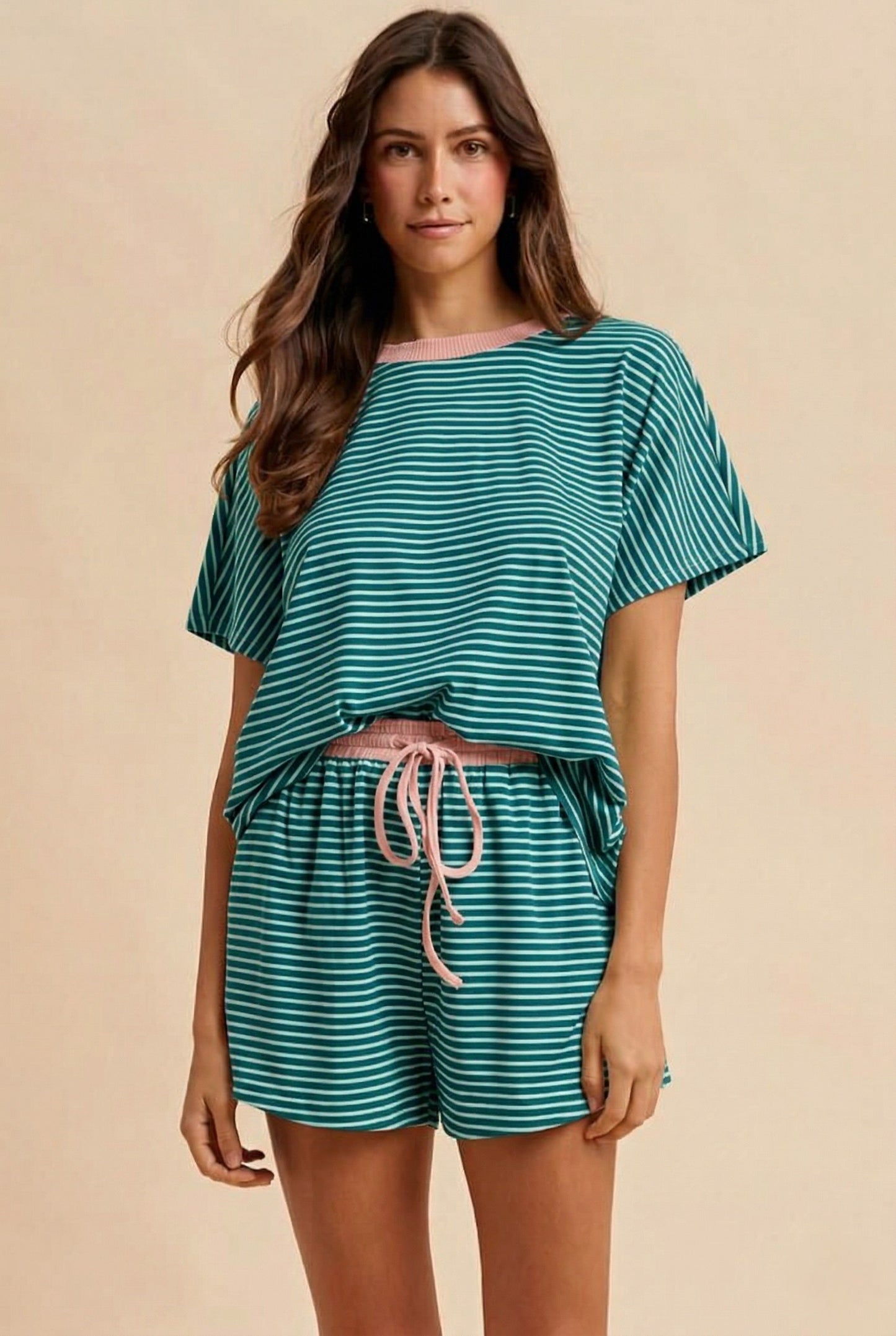 Loose Fit Striped Knit Top & Shorts Set