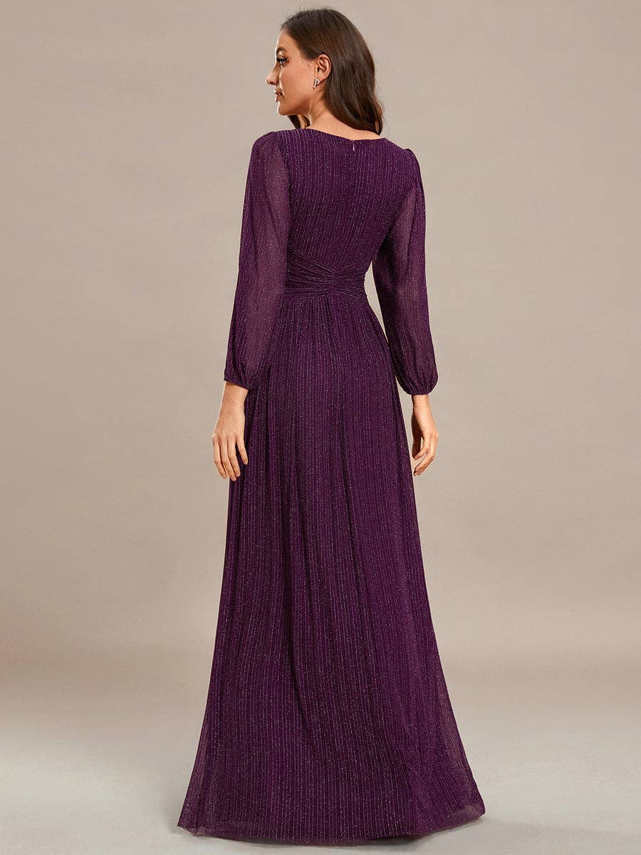 Maxi Long Chiffon Waist V Neck Long Sleeves Evening Dress