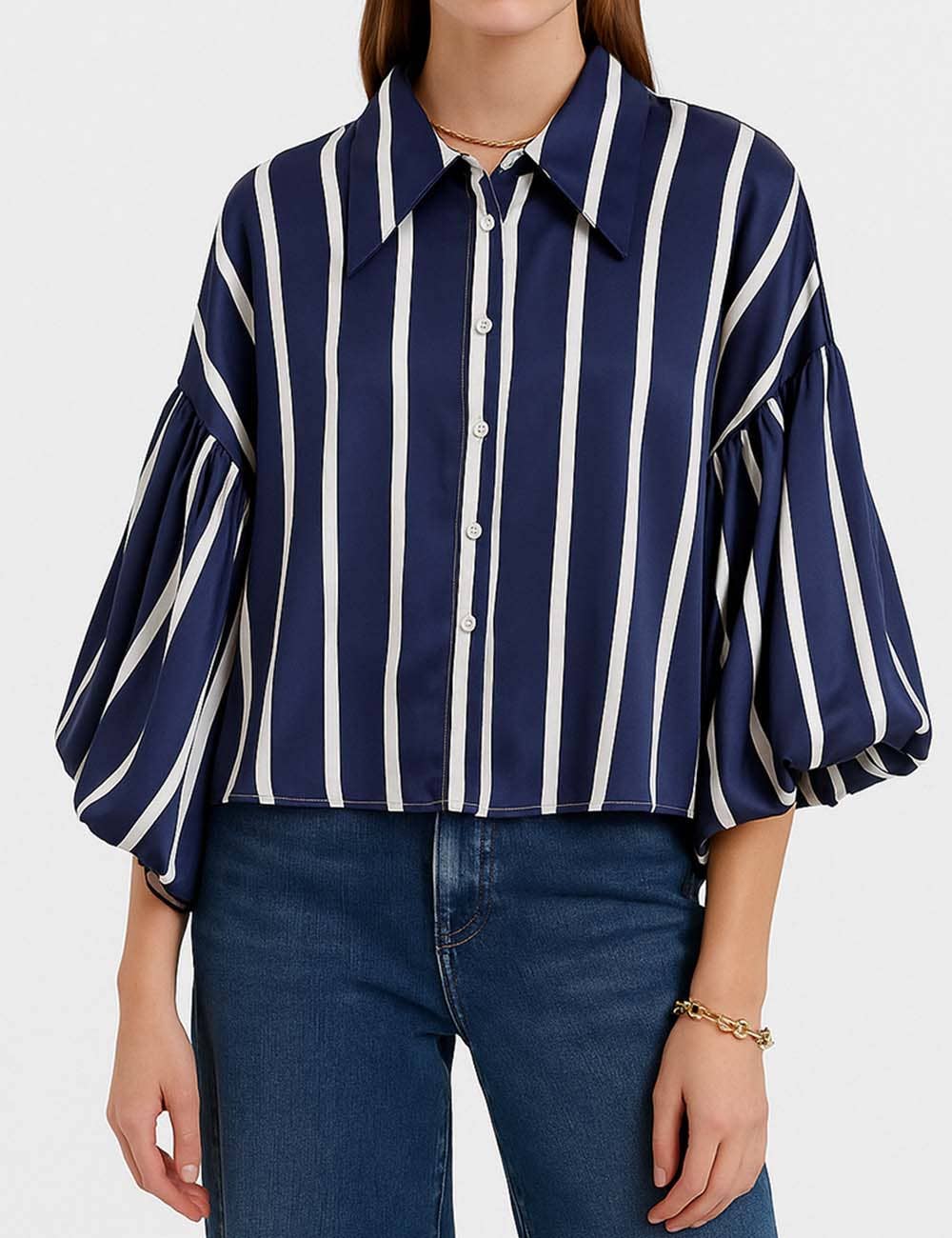Ladies Striped Puff Sleeves Button Shirt
