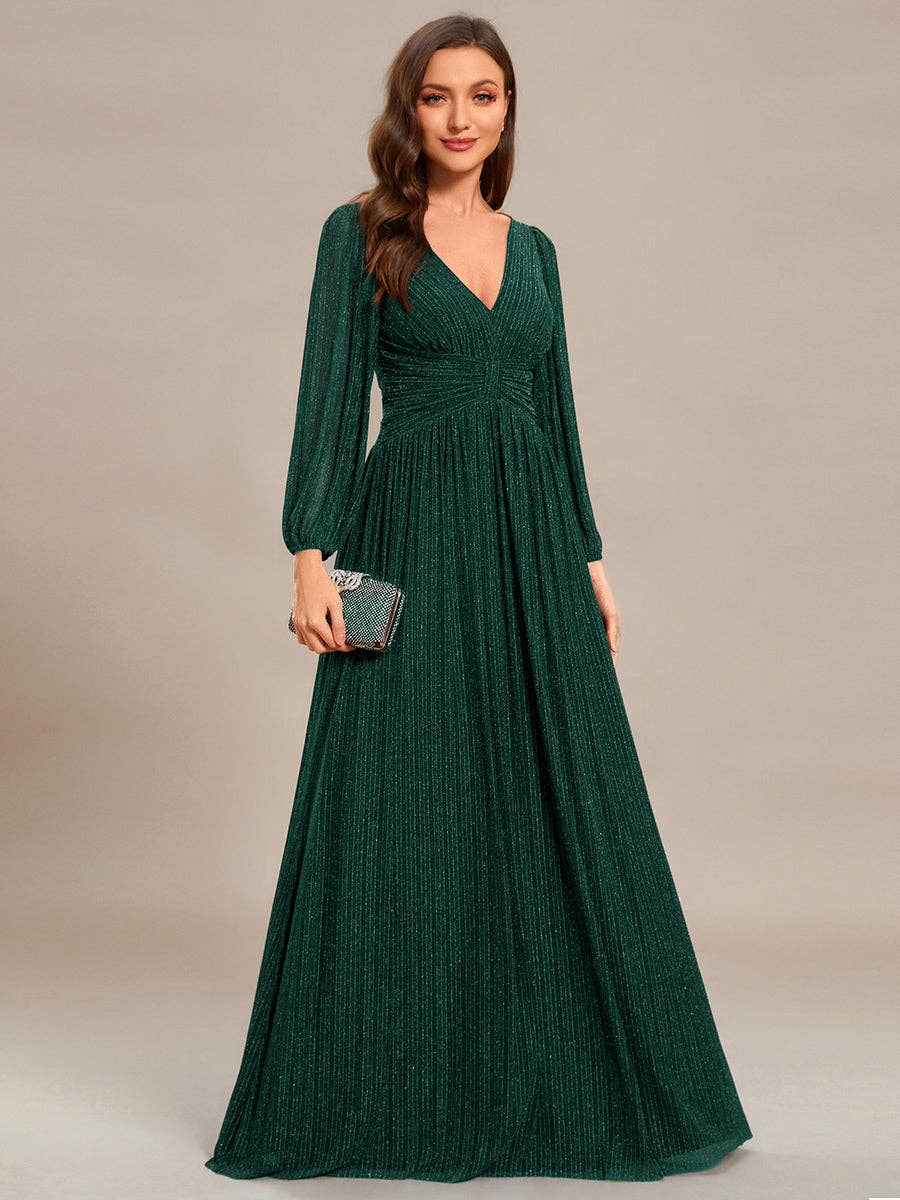 Maxi Long Chiffon Waist V Neck Long Sleeves Evening Dress