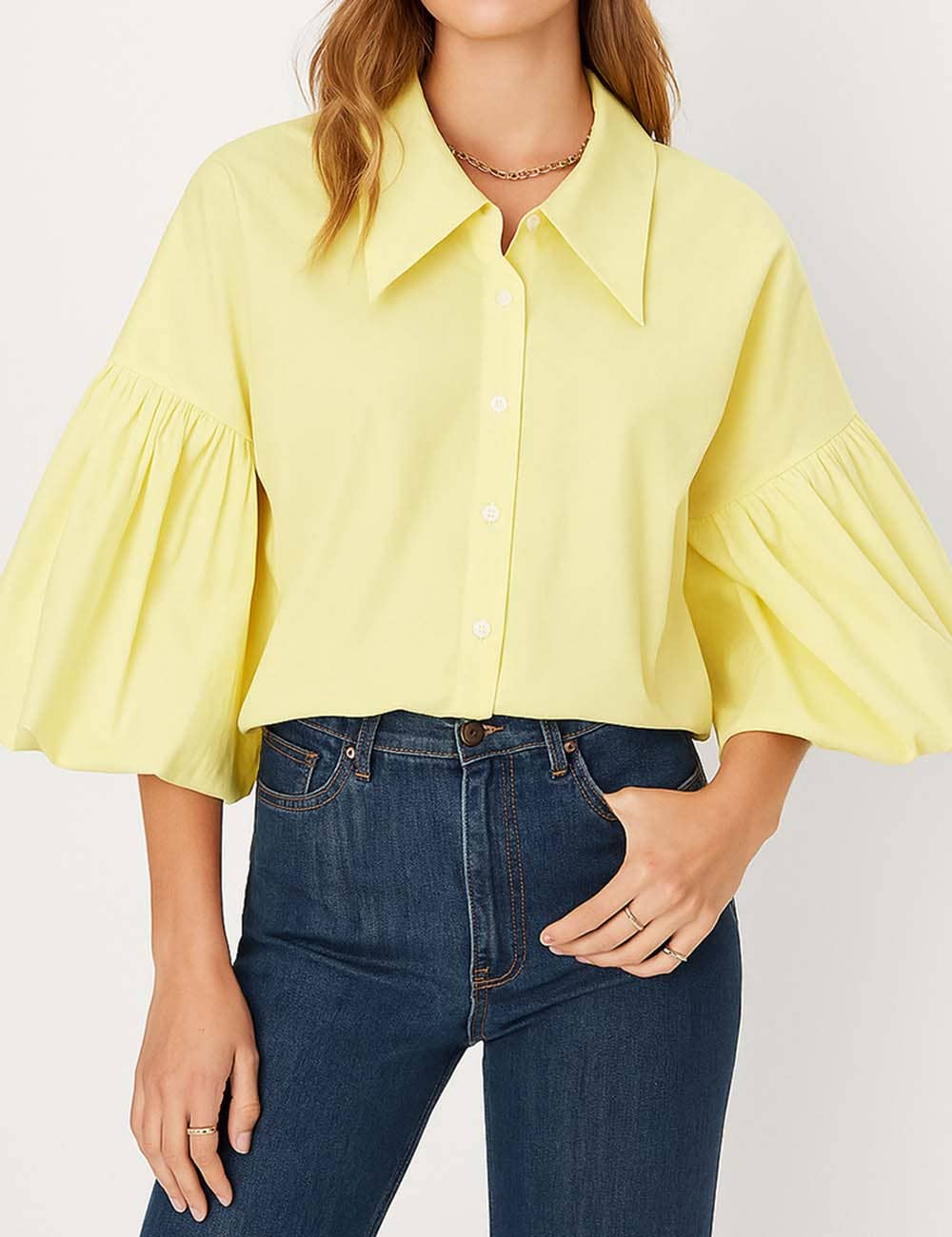 Ladies Striped Puff Sleeves Button Shirt