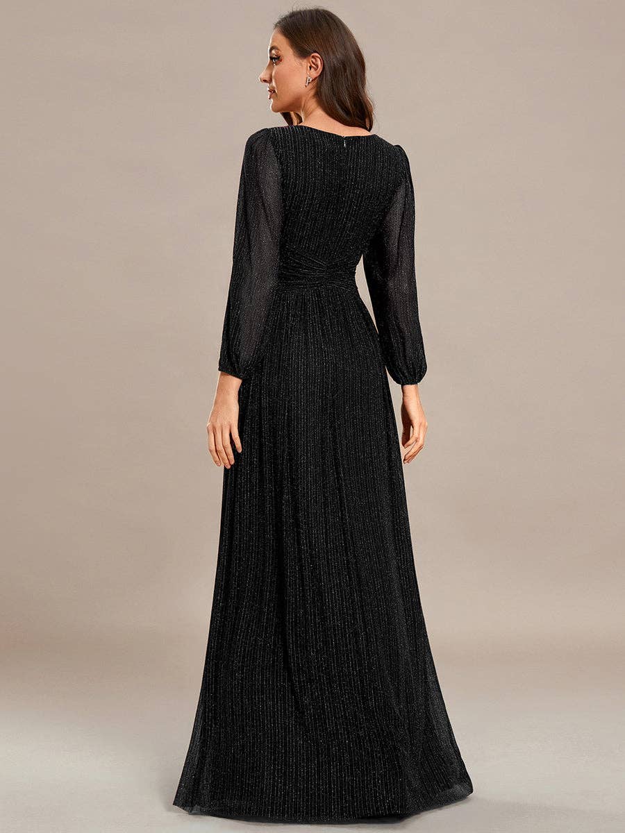 Maxi Long Chiffon Waist V Neck Long Sleeves Evening Dress