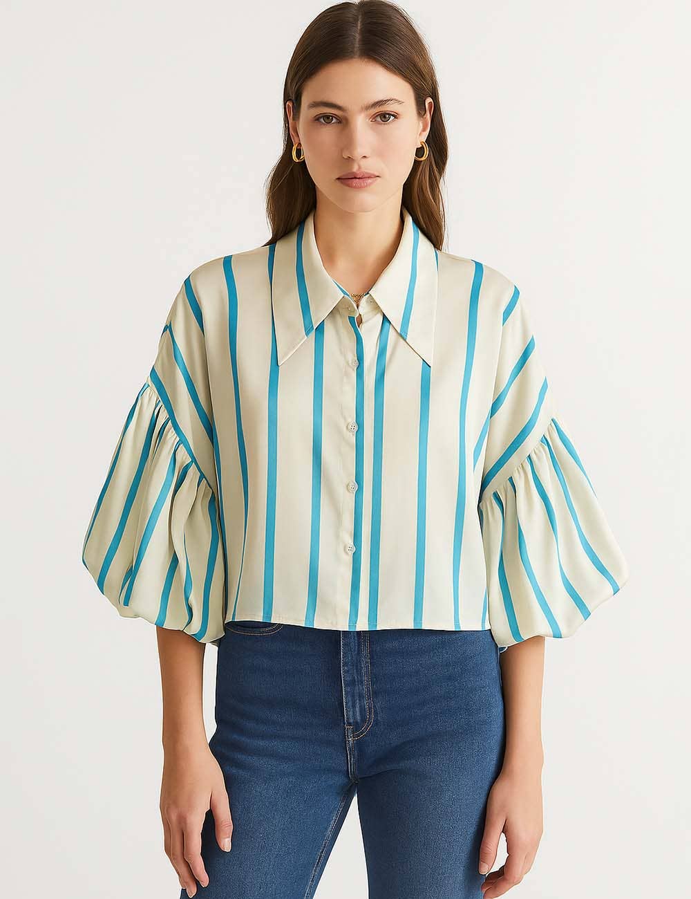 Ladies Striped Puff Sleeves Button Shirt