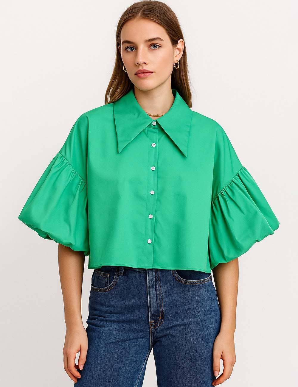Ladies Striped Puff Sleeves Button Shirt