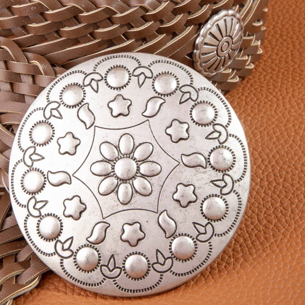 Braided Vegan Leather Floral Concho Belt