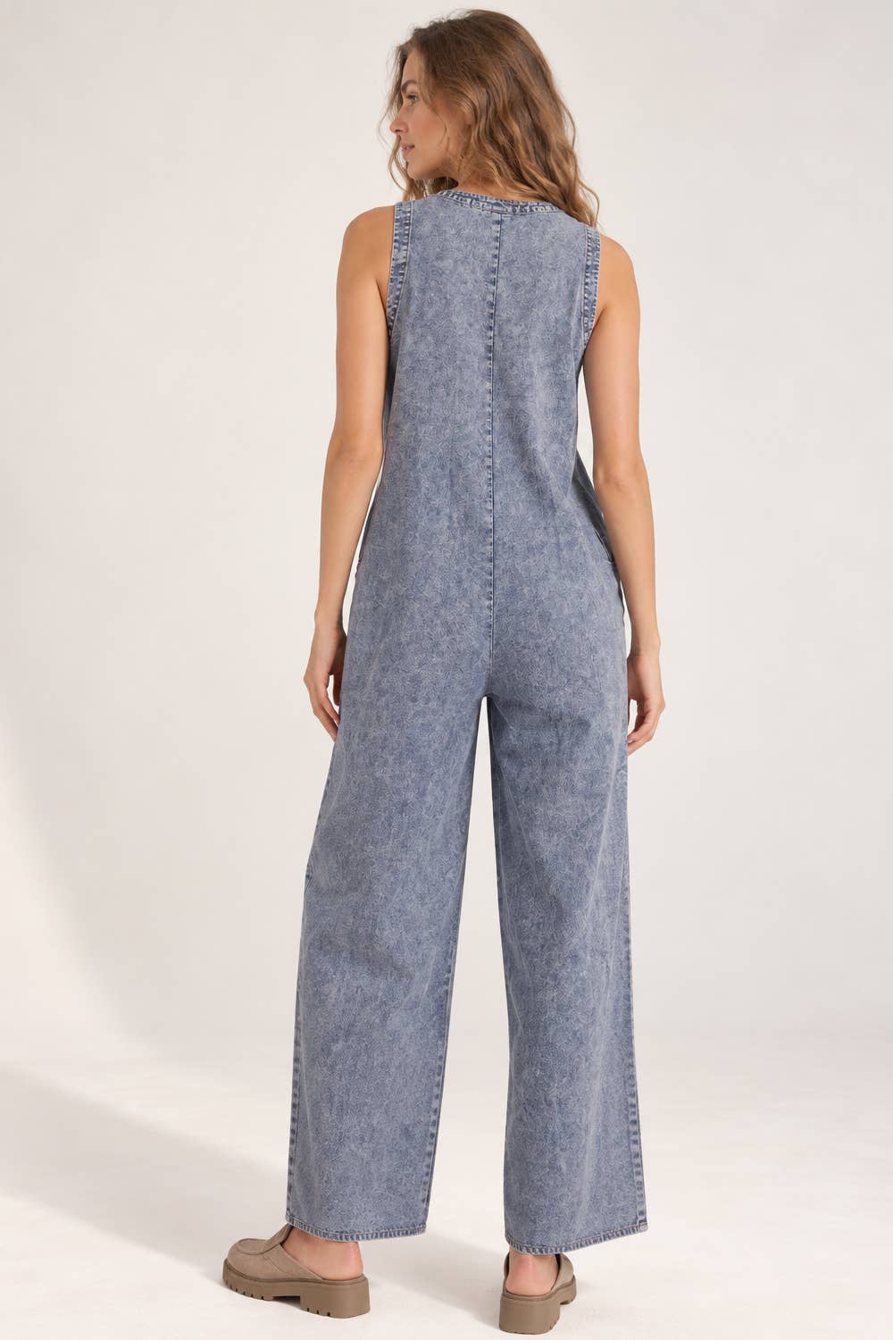 Pintuck Detail Washed Denim Wide Leg Jumpsuit
