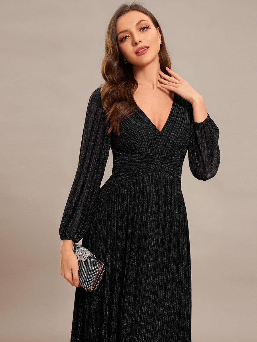 Maxi Long Chiffon Waist V Neck Long Sleeves Evening Dress