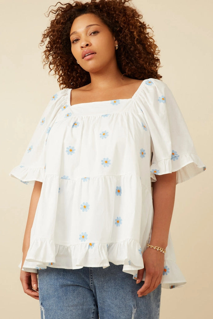Daisy Embroidered Square Neck Top