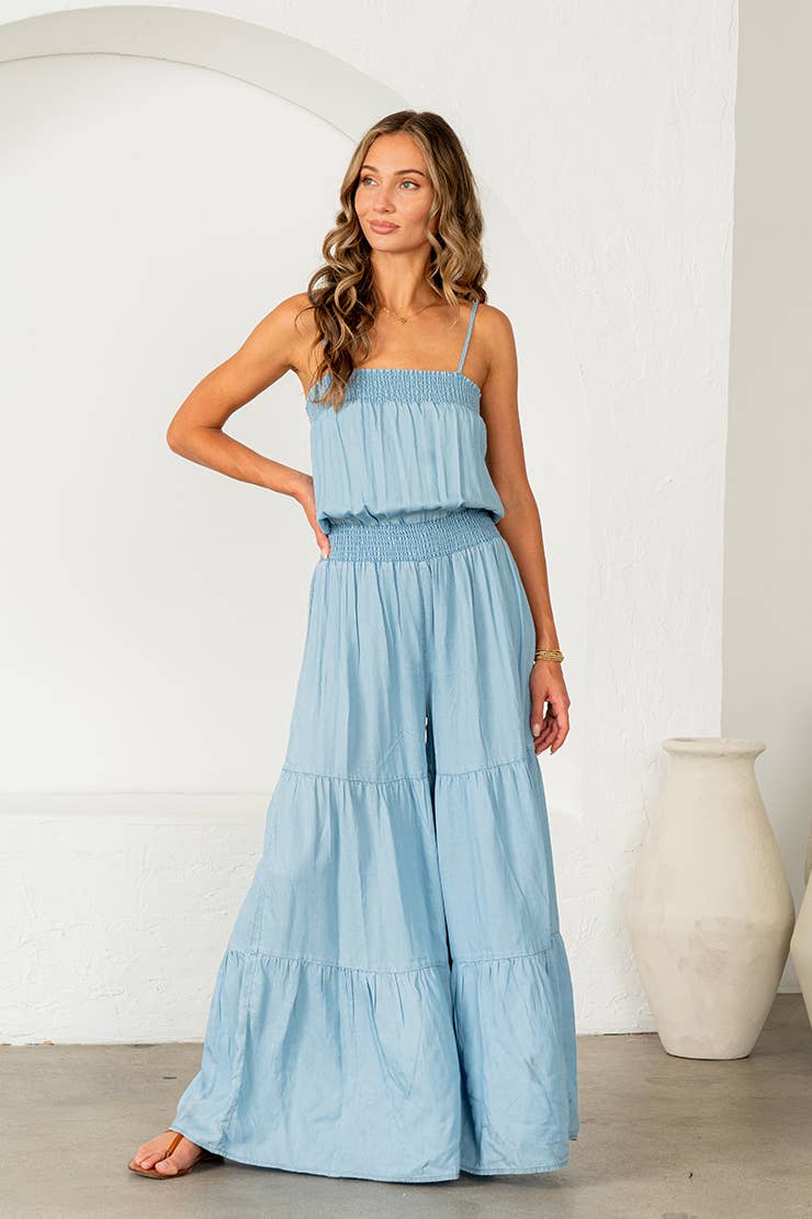 Relaxed Fit Smocked Tiered Wide Leg Jumpsuit