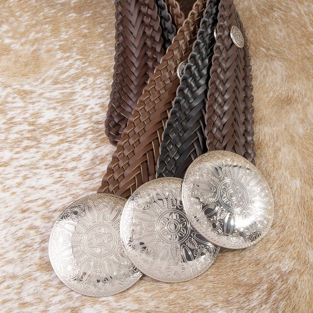Braided Vegan Leather Round Concho Belt