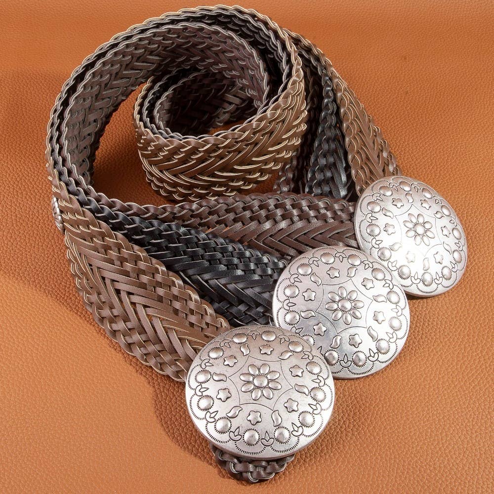 Braided Vegan Leather Floral Concho Belt