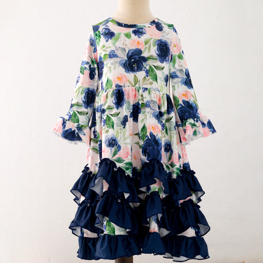 Navy Blush Rose Maxi Girls Dress