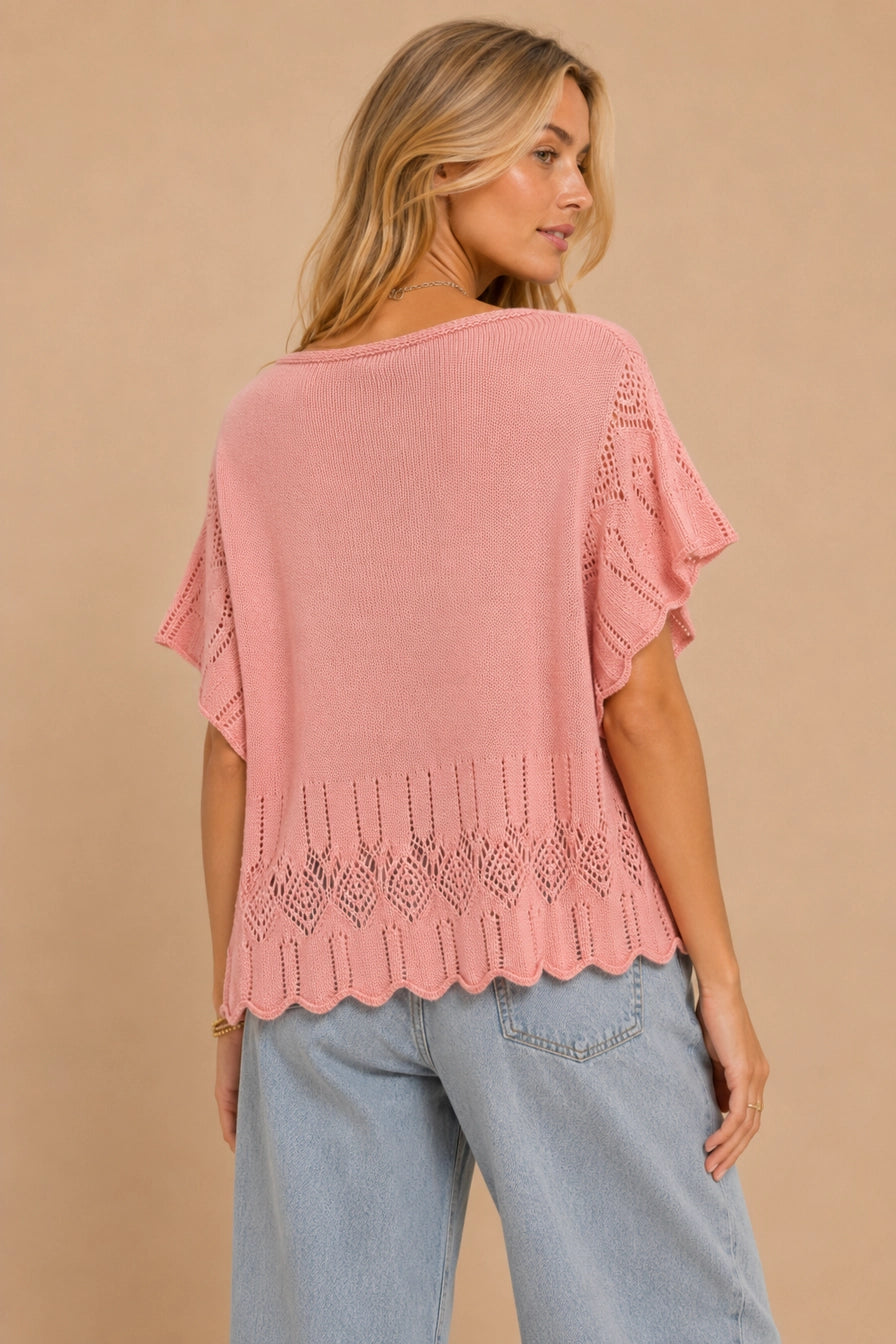 Pointelle Flutter-Sleeve Knit Top