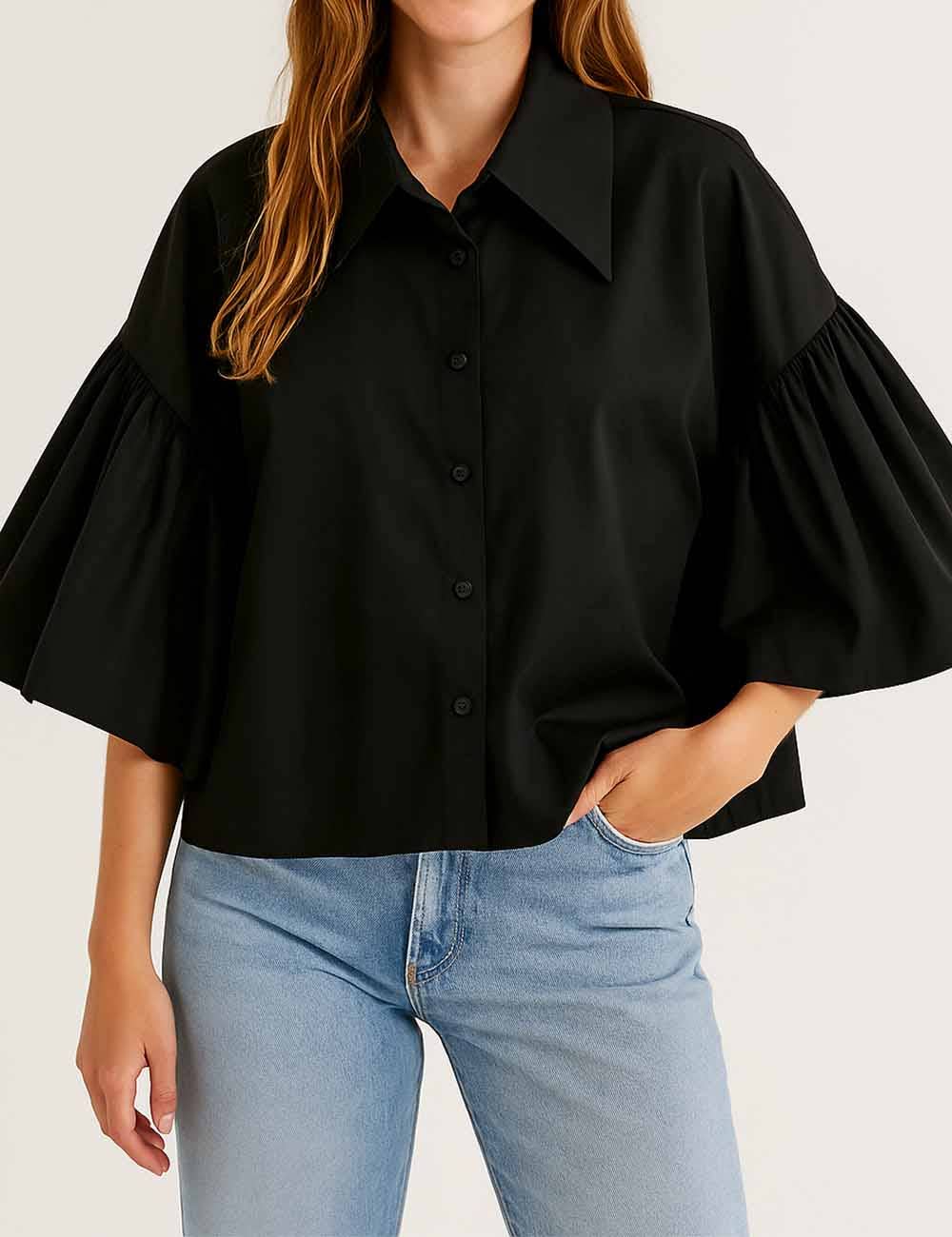 Ladies Striped Puff Sleeves Button Shirt
