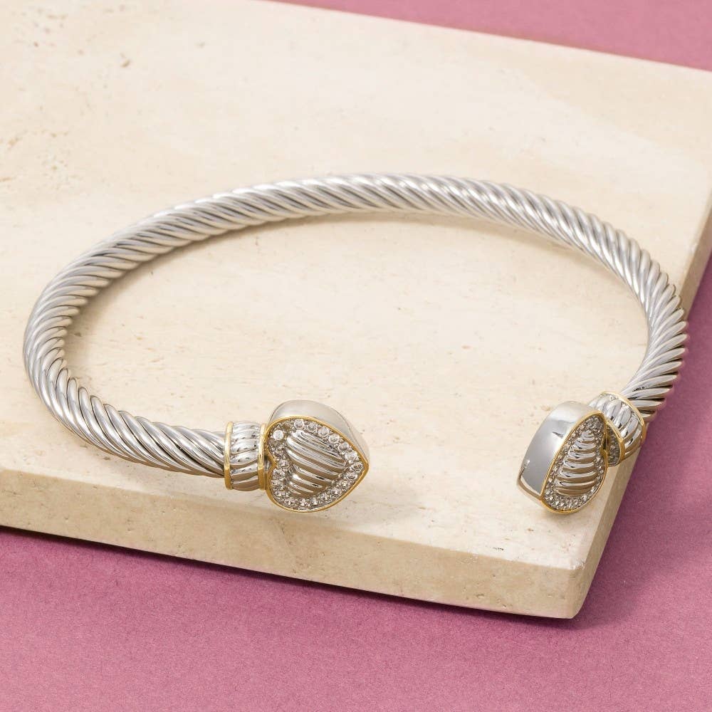 Two-Tone Cable Wire Cz Heart End Caps Cuff Bracelet