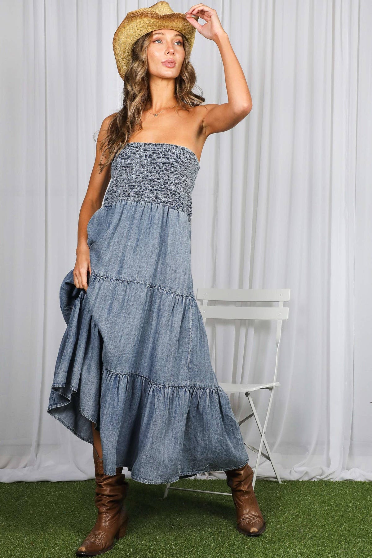 Tube Top Chambray Denim Midi Dress