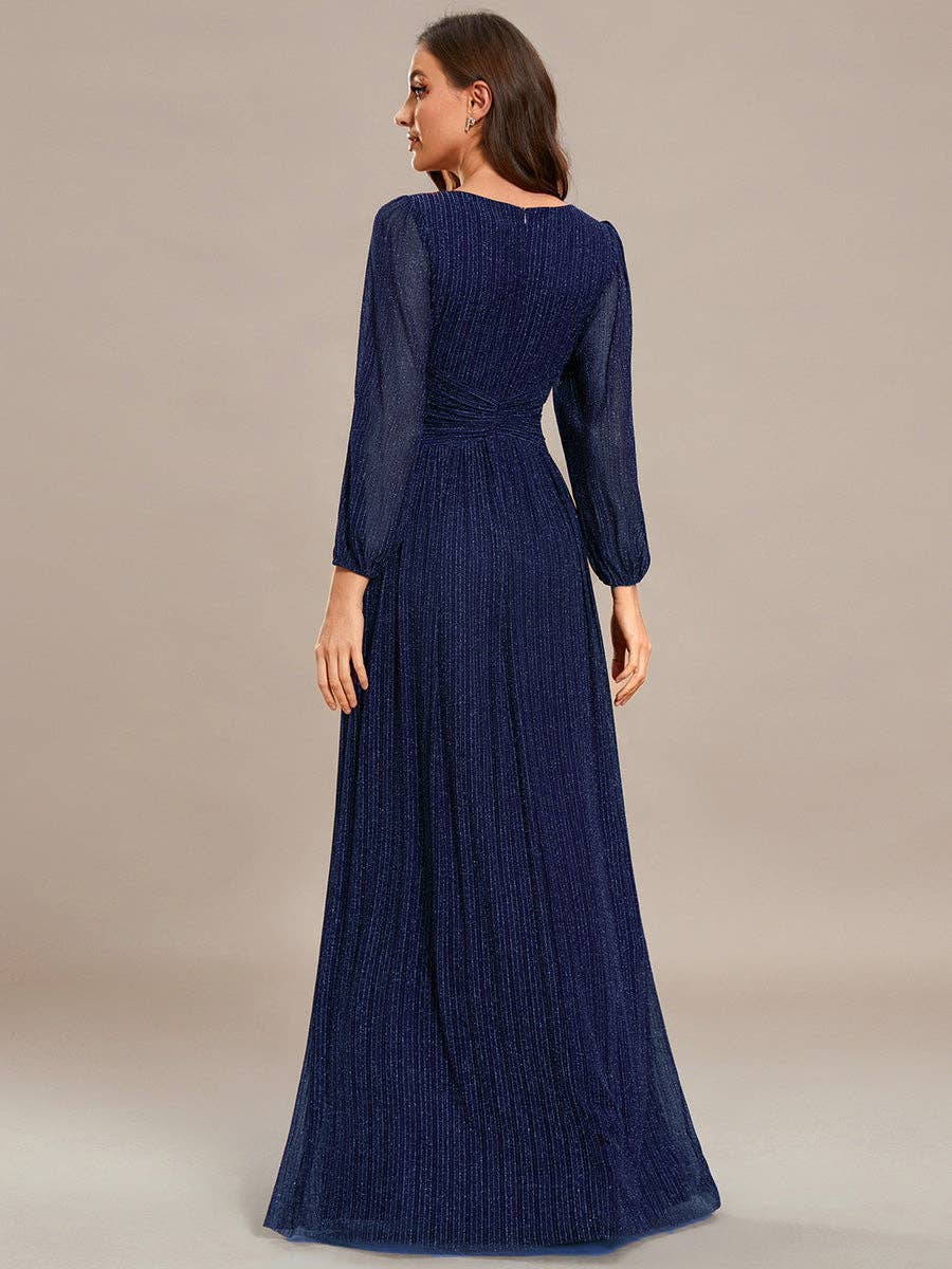 Maxi Long Chiffon Waist V Neck Long Sleeves Evening Dress
