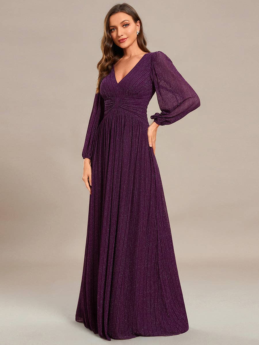 Maxi Long Chiffon Waist V Neck Long Sleeves Evening Dress