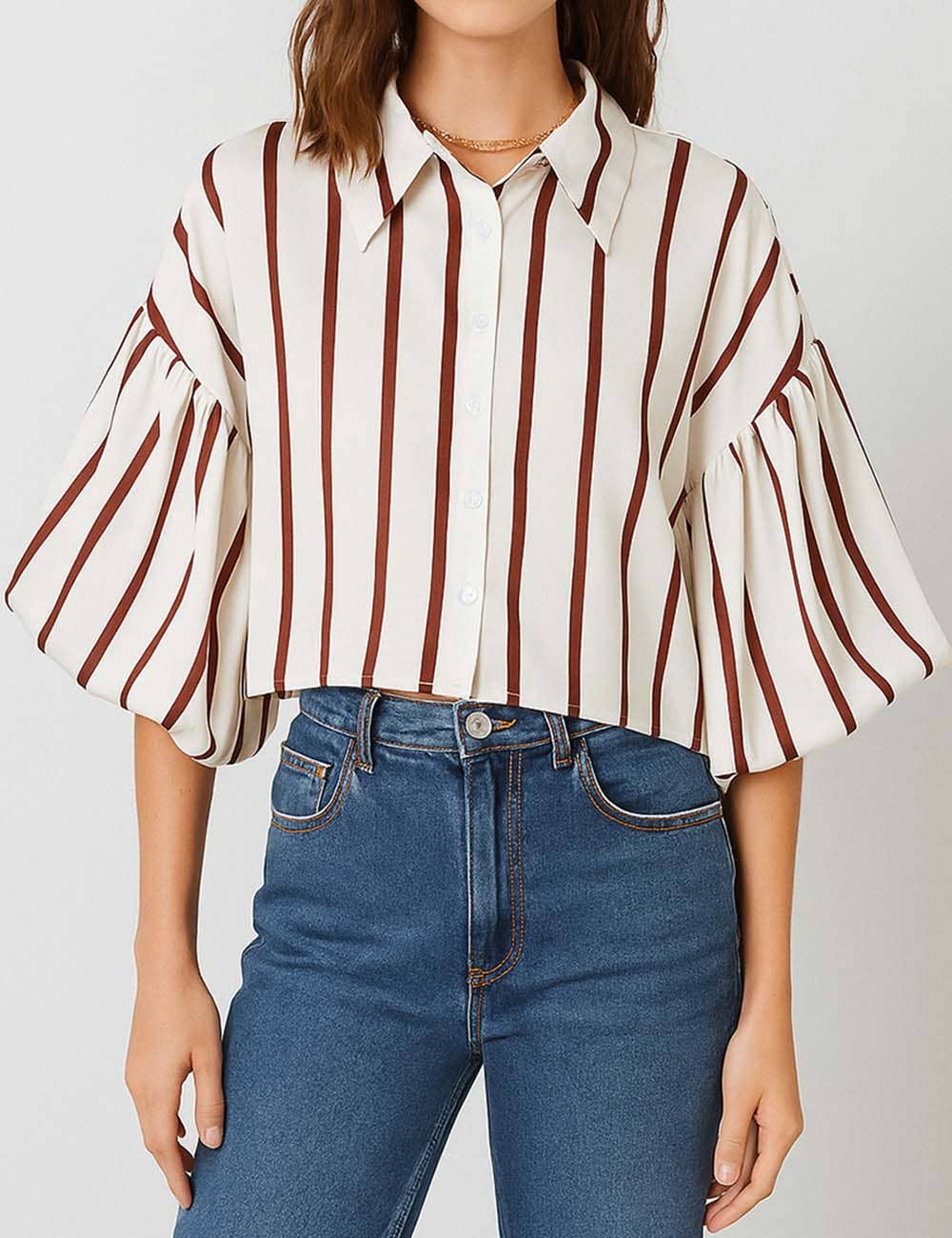Ladies Striped Puff Sleeves Button Shirt