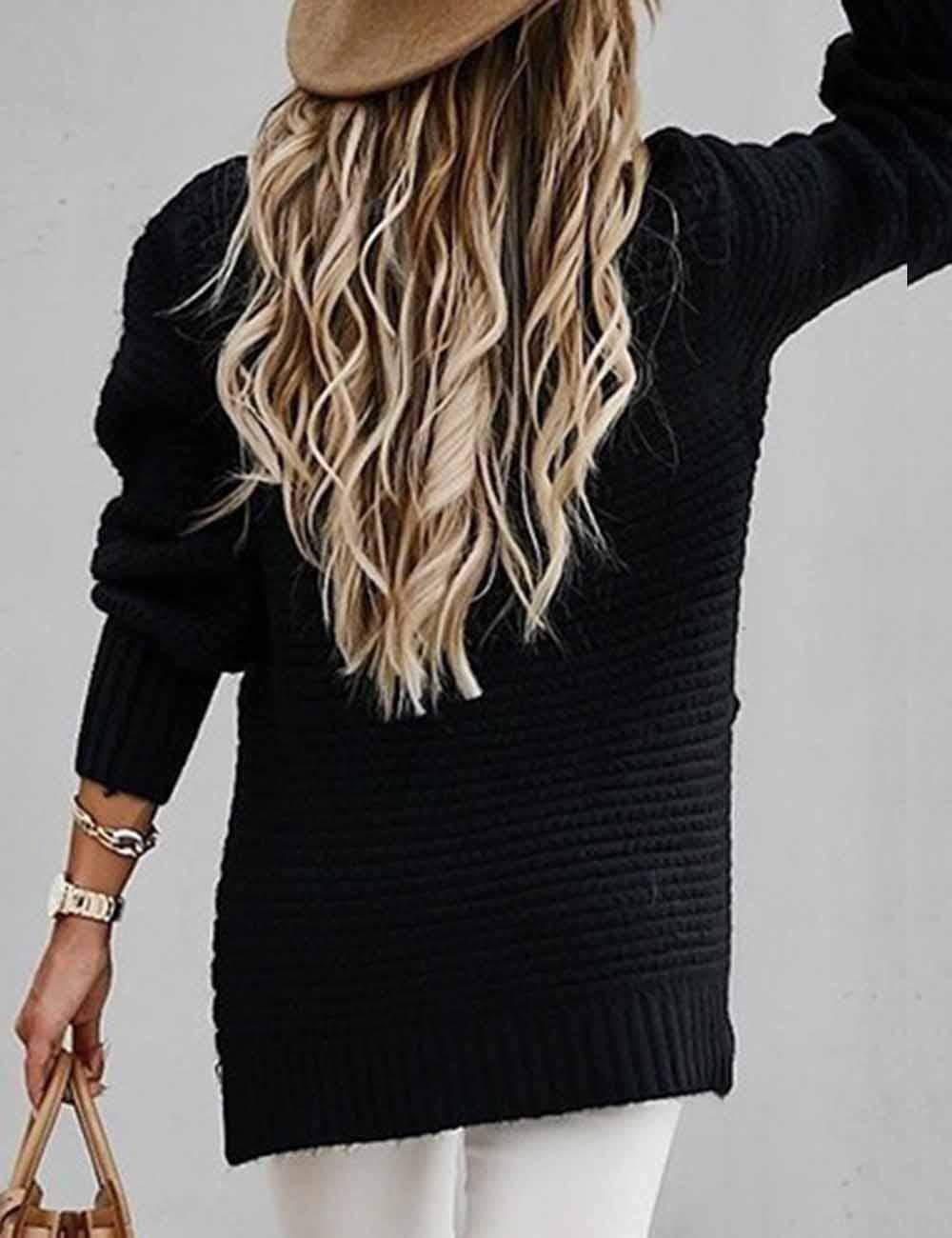 Ladies Solid Color Pullover Side Split Long Sleeves Sweater
