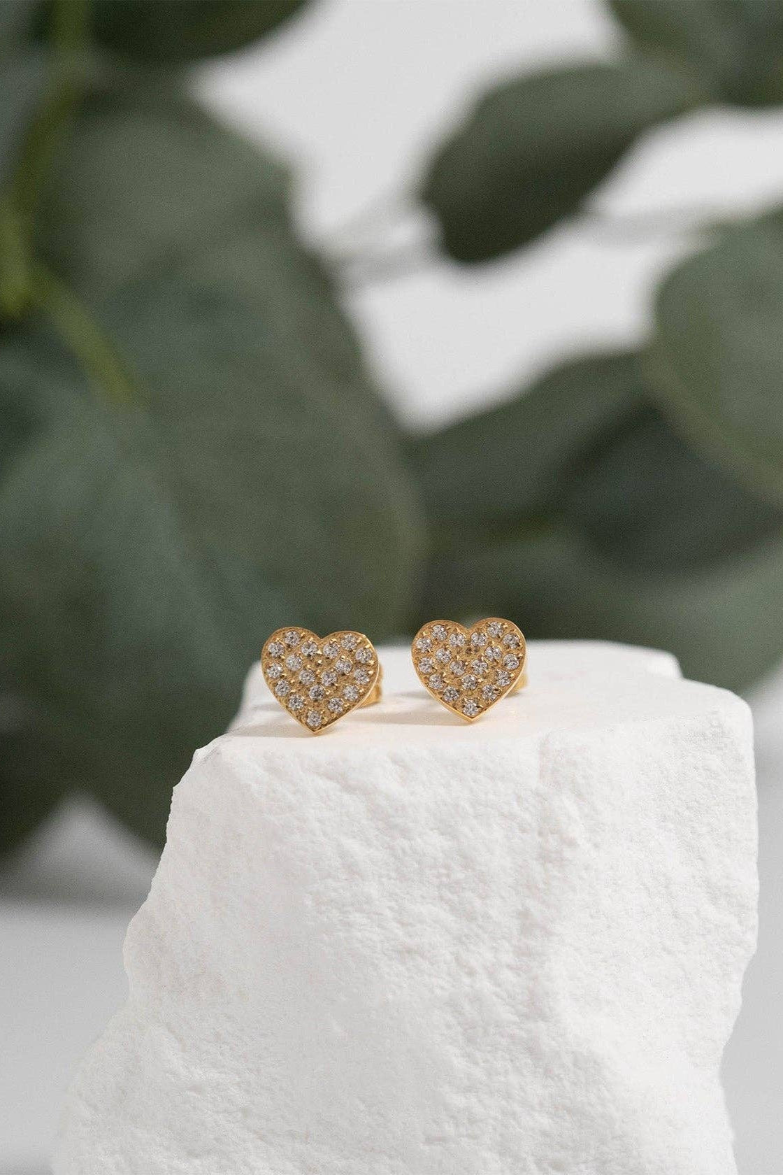 Pave Stone Heart Stud Earrings 18K Gold PVD Stainless Steel