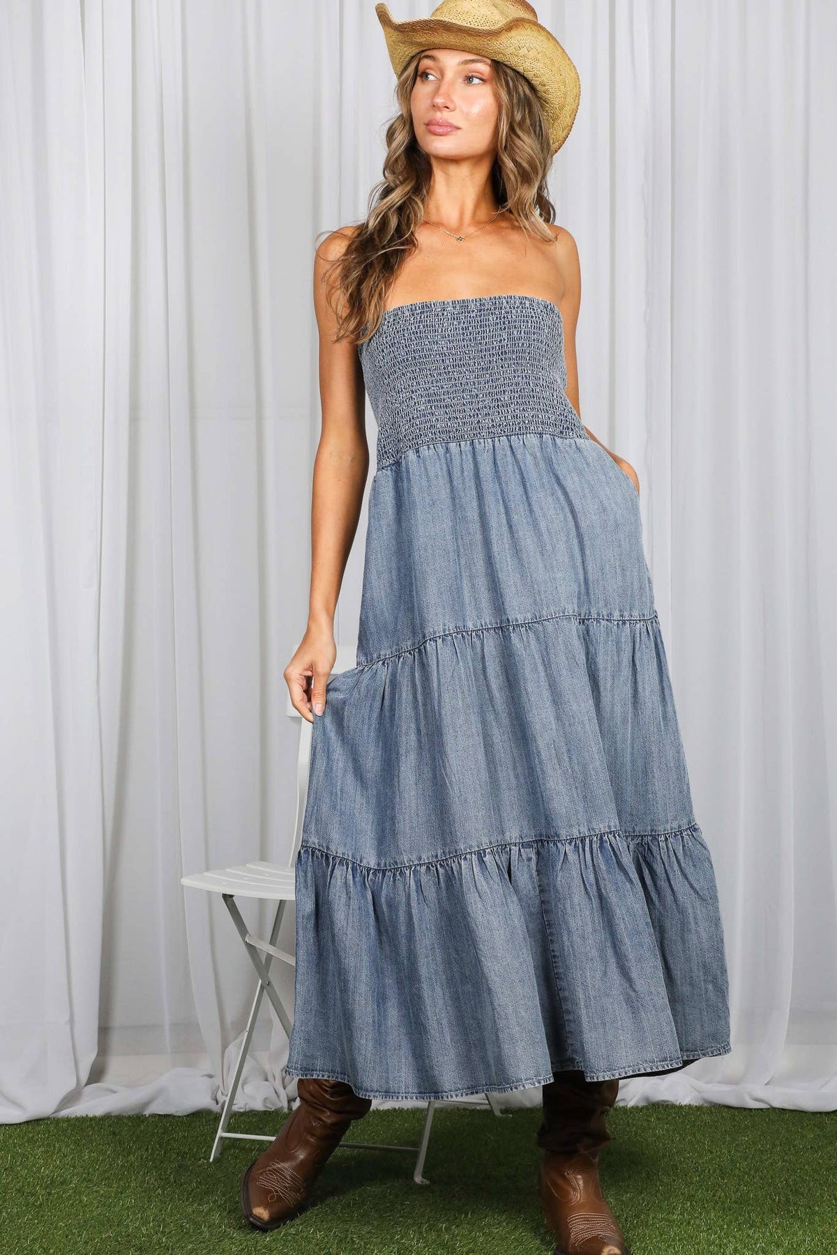 Tube Top Chambray Denim Midi Dress
