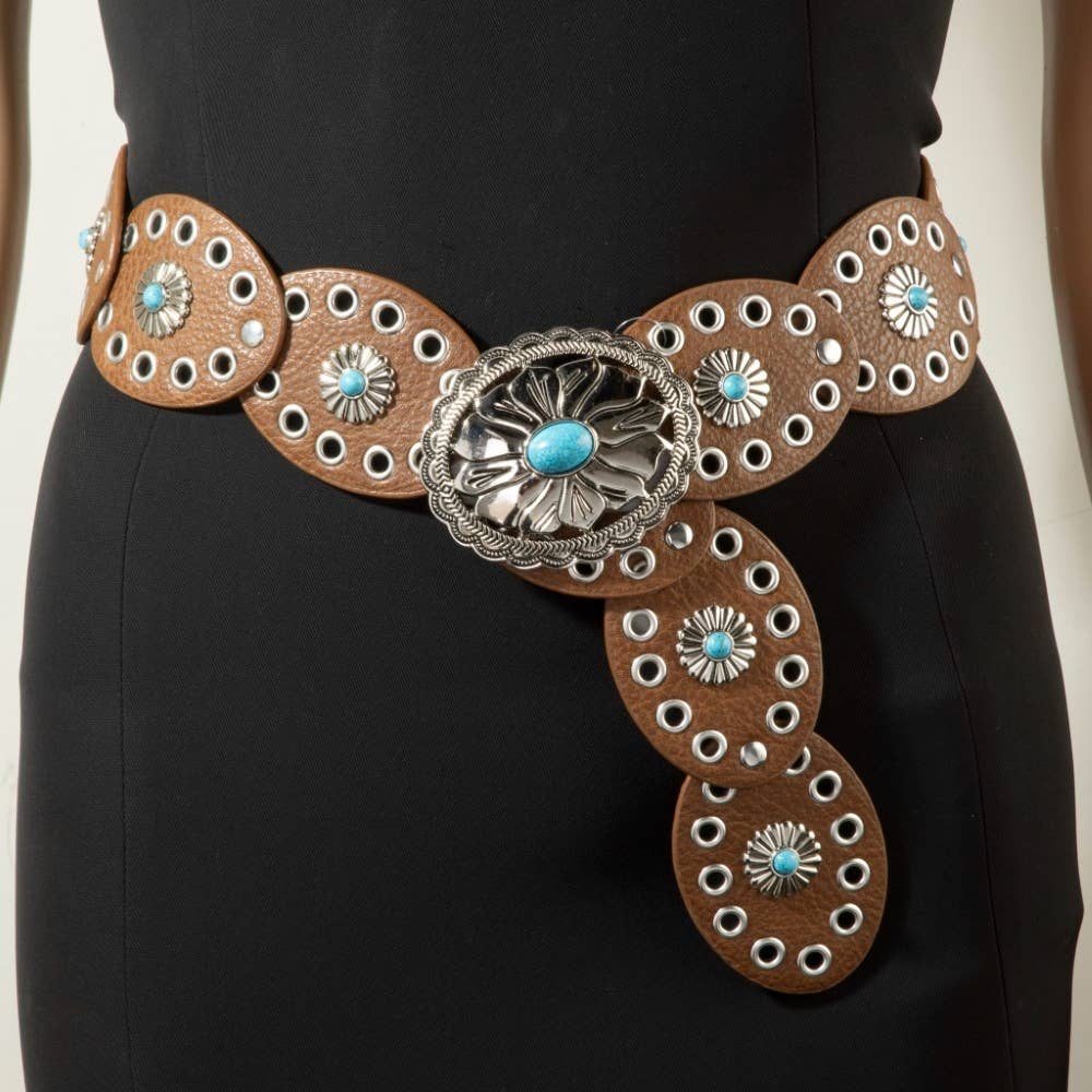 Western Turquoise Concho Disc Leather Belt