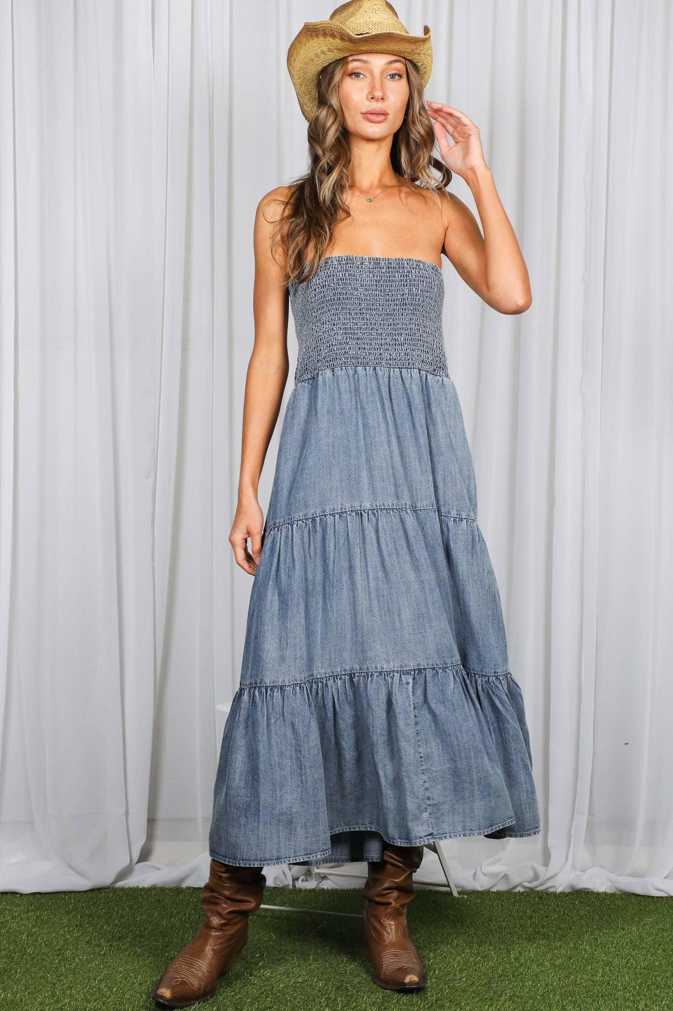 Tube Top Chambray Denim Midi Dress