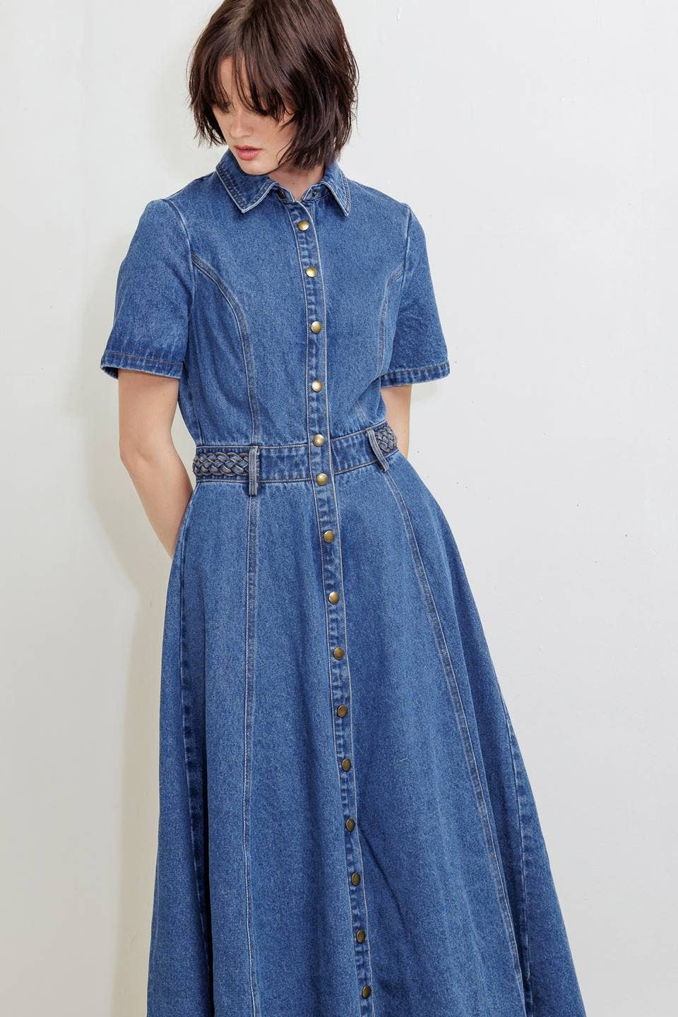 WASHED DENIM BUTTON DOWN MIDI DRESS