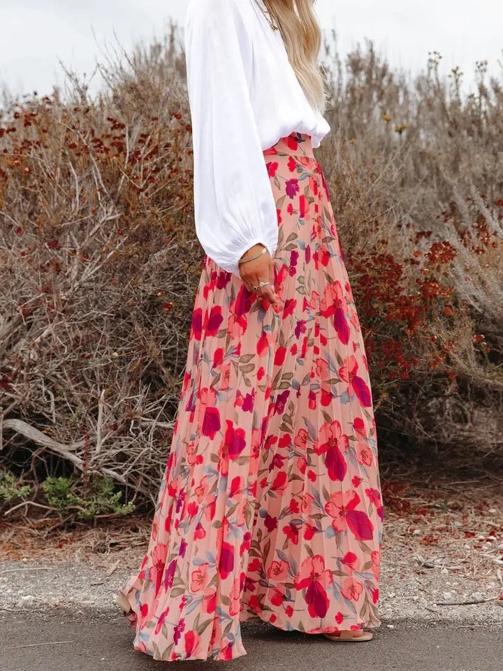 Pleated Floral Maxi Skirt