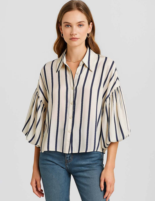 Ladies Striped Puff Sleeves Button Shirt