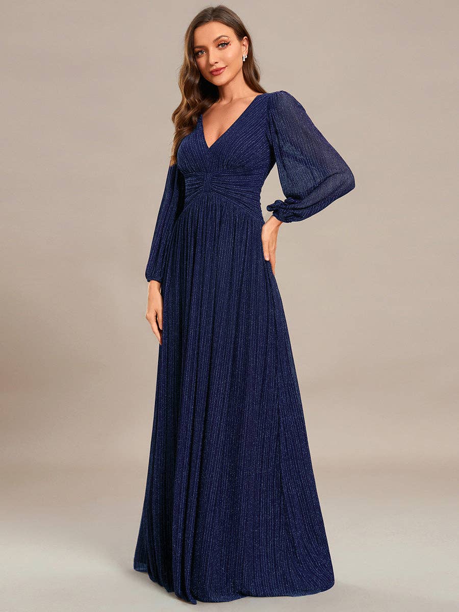 Maxi Long Chiffon Waist V Neck Long Sleeves Evening Dress