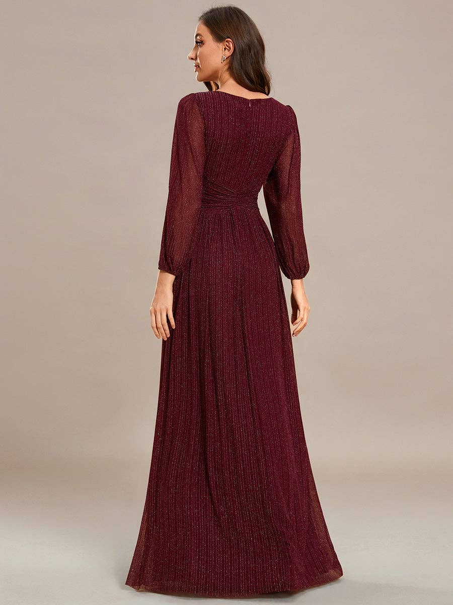 Maxi Long Chiffon Waist V Neck Long Sleeves Evening Dress
