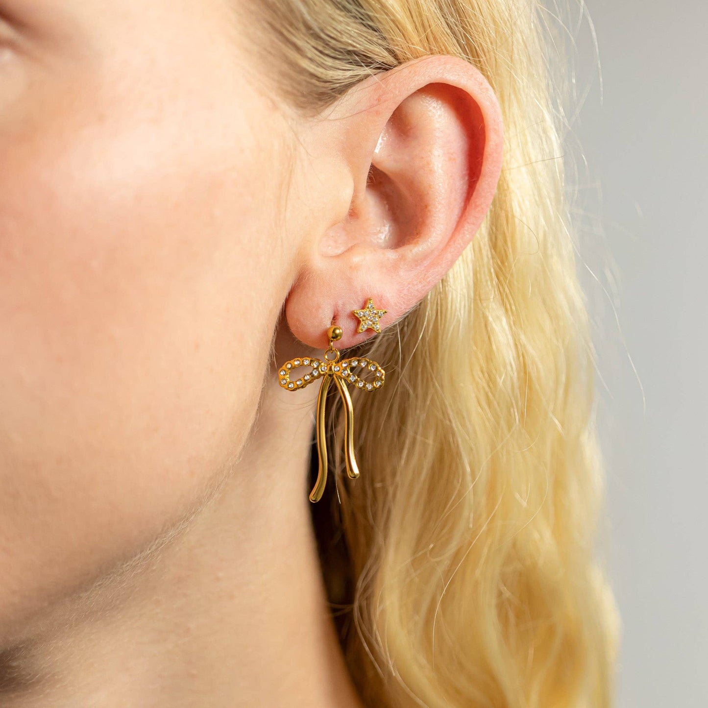 Ribbon Bow Earrings 18K Gold PVD CZ