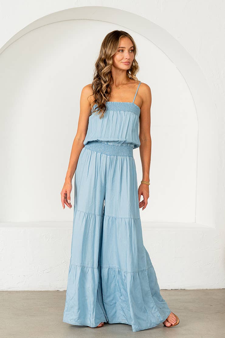 Relaxed Fit Smocked Tiered Wide Leg Jumpsuit