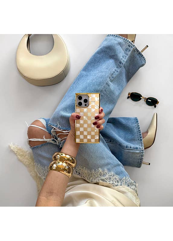 Gold Checkered Mother of Pearl MagSafe iPhone Case