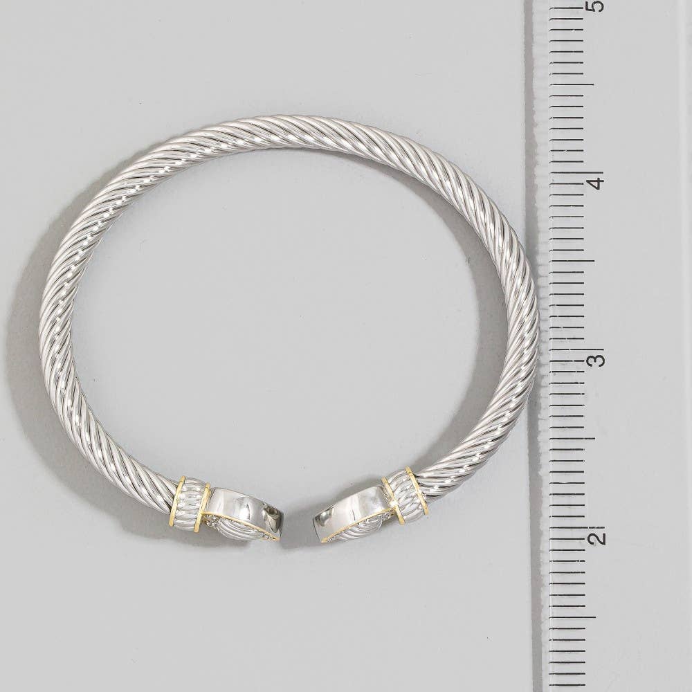 Two-Tone Cable Wire Cz Heart End Caps Cuff Bracelet