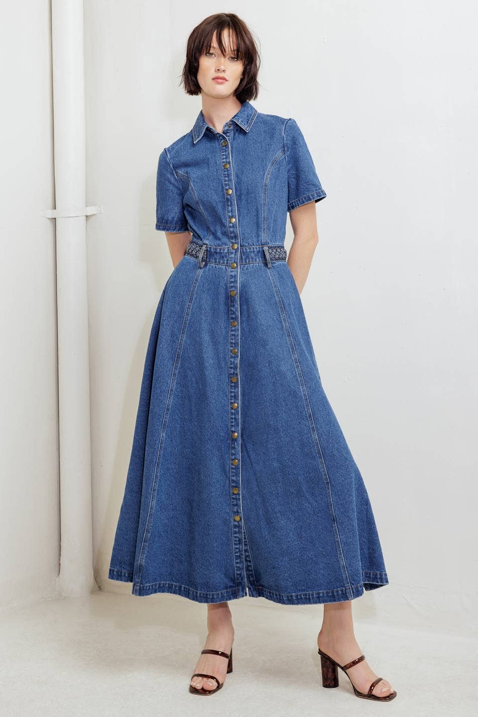 WASHED DENIM BUTTON DOWN MIDI DRESS
