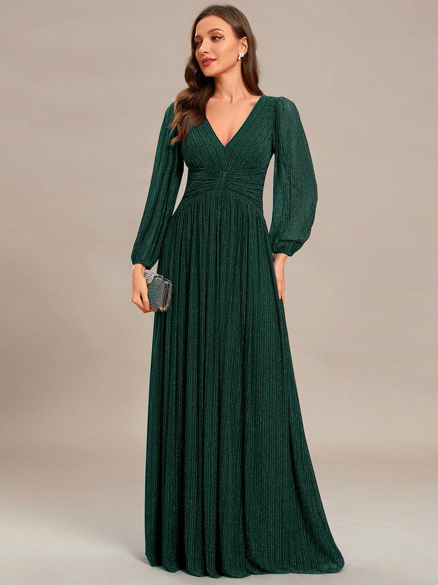 Maxi Long Chiffon Waist V Neck Long Sleeves Evening Dress