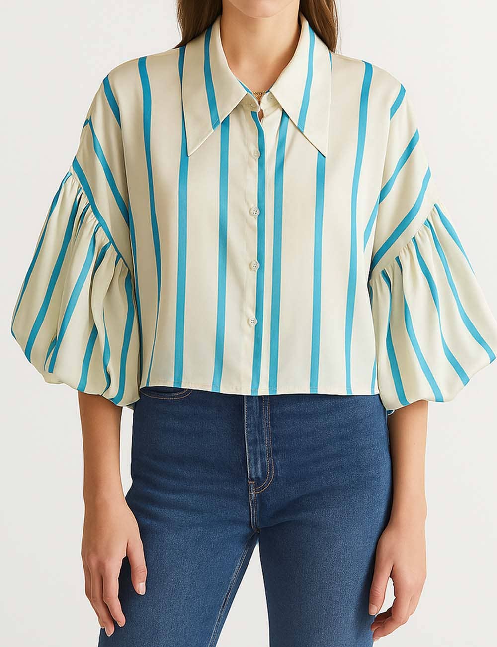 Ladies Striped Puff Sleeves Button Shirt