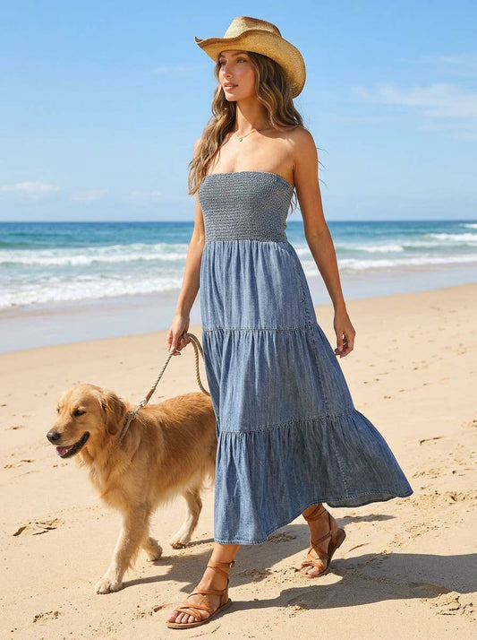 Tube Top Chambray Denim Midi Dress