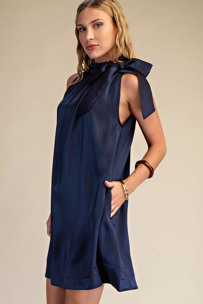 Ruffle Neck Tie Sleeveless Mini Dress