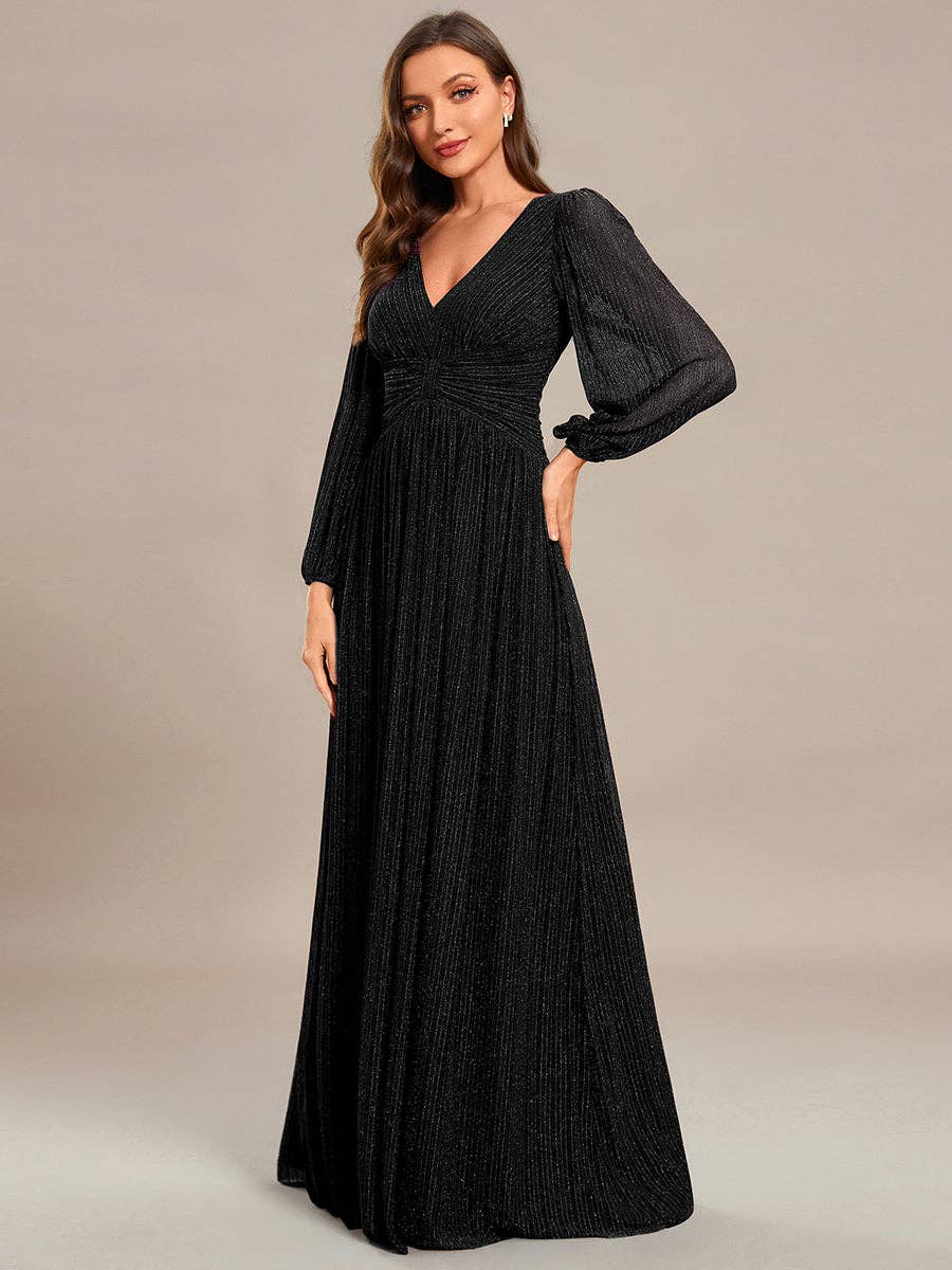 Maxi Long Chiffon Waist V Neck Long Sleeves Evening Dress