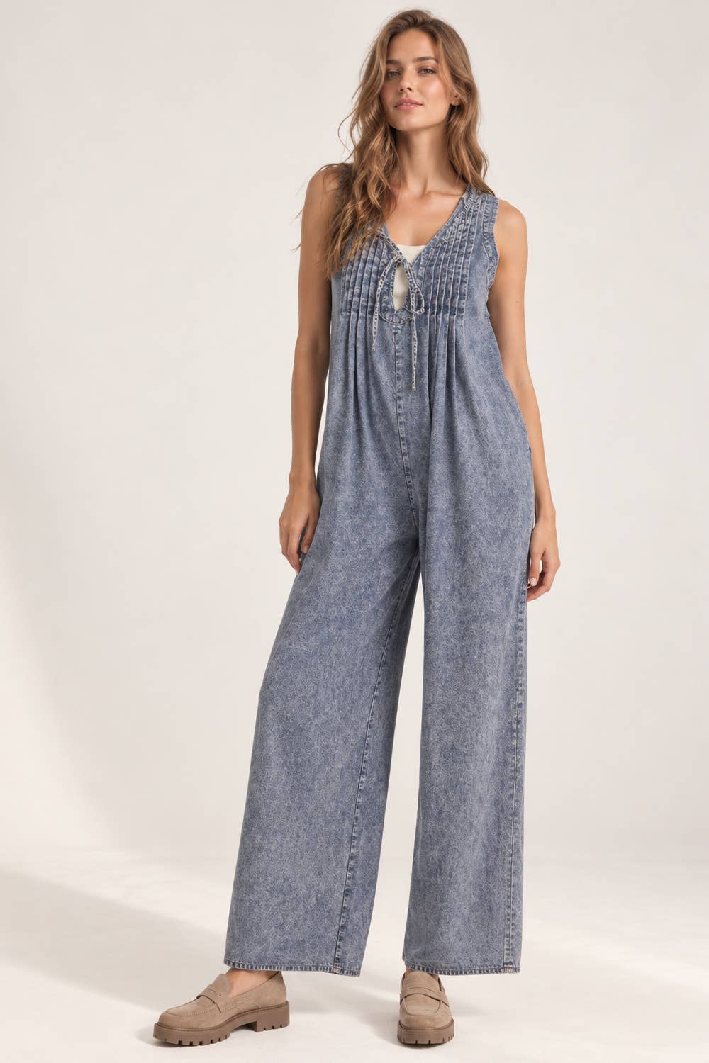 Pintuck Detail Washed Denim Wide Leg Jumpsuit