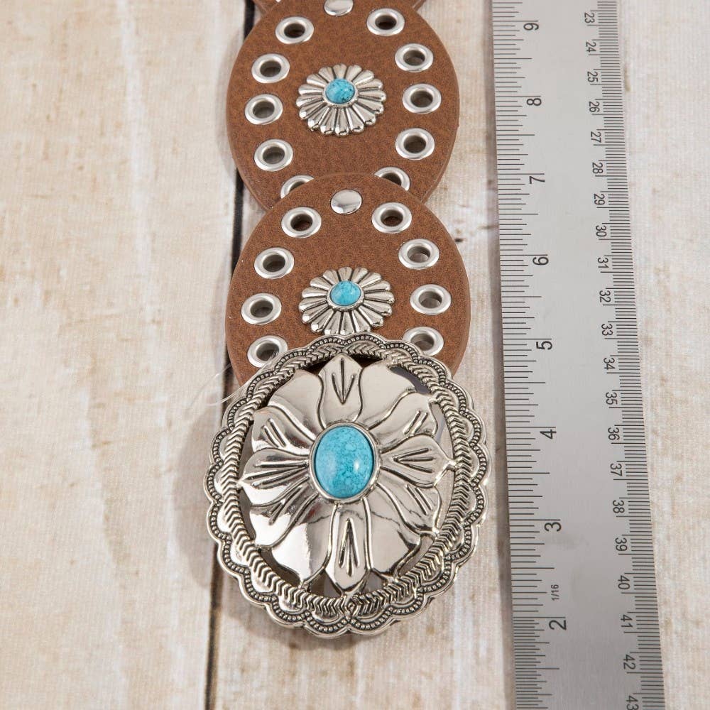 Western Turquoise Concho Disc Leather Belt