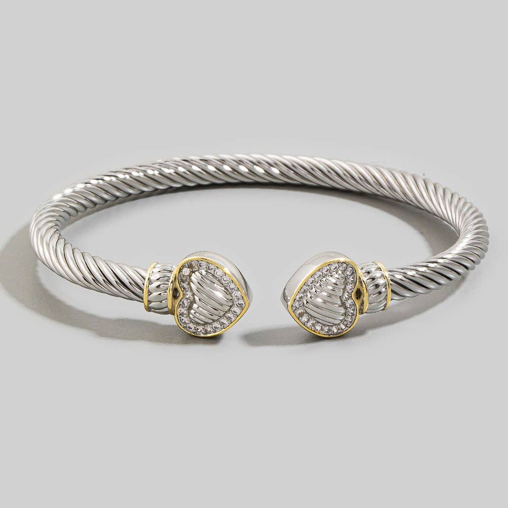 Two-Tone Cable Wire Cz Heart End Caps Cuff Bracelet