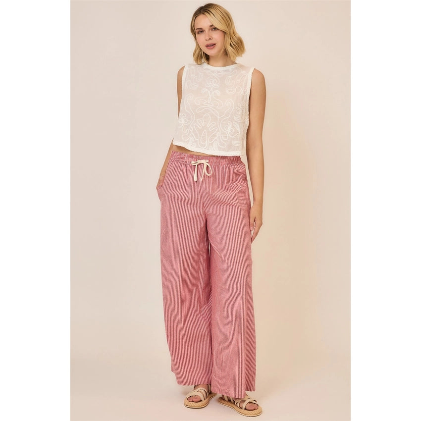 Pinstripe Wide Leg Pants w/ Drawstring