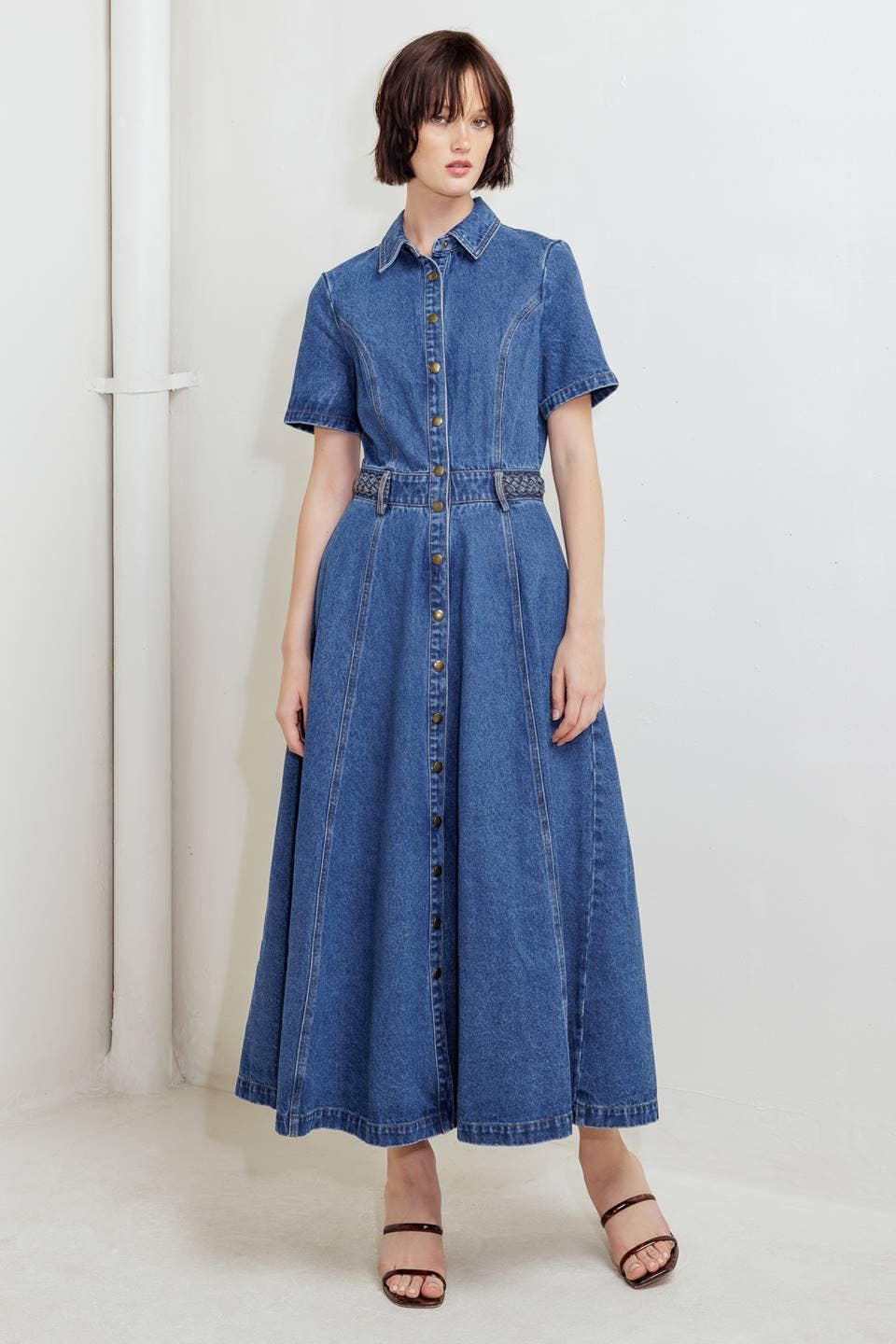 WASHED DENIM BUTTON DOWN MIDI DRESS