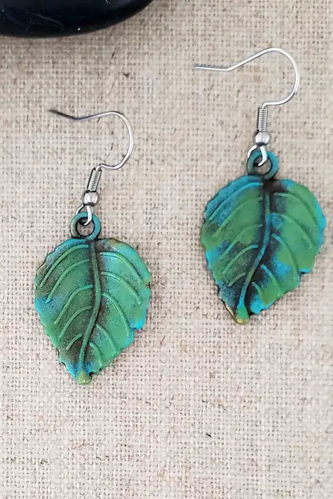Brass Wide Leaf Paint Patina Earrings