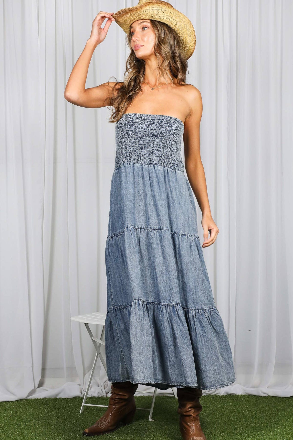 Tube Top Chambray Denim Midi Dress